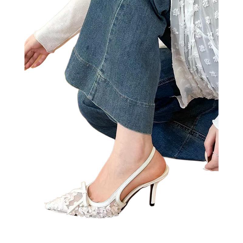 Flower mesh pointed stiletto heels women's 2025 spring new niche back empty sandals