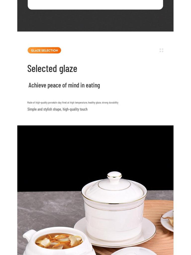 Pure White Ceramic Stew Pot with Lid - Chinese Shaxian Style Soup & Steam Pot, Gold Rimmed.