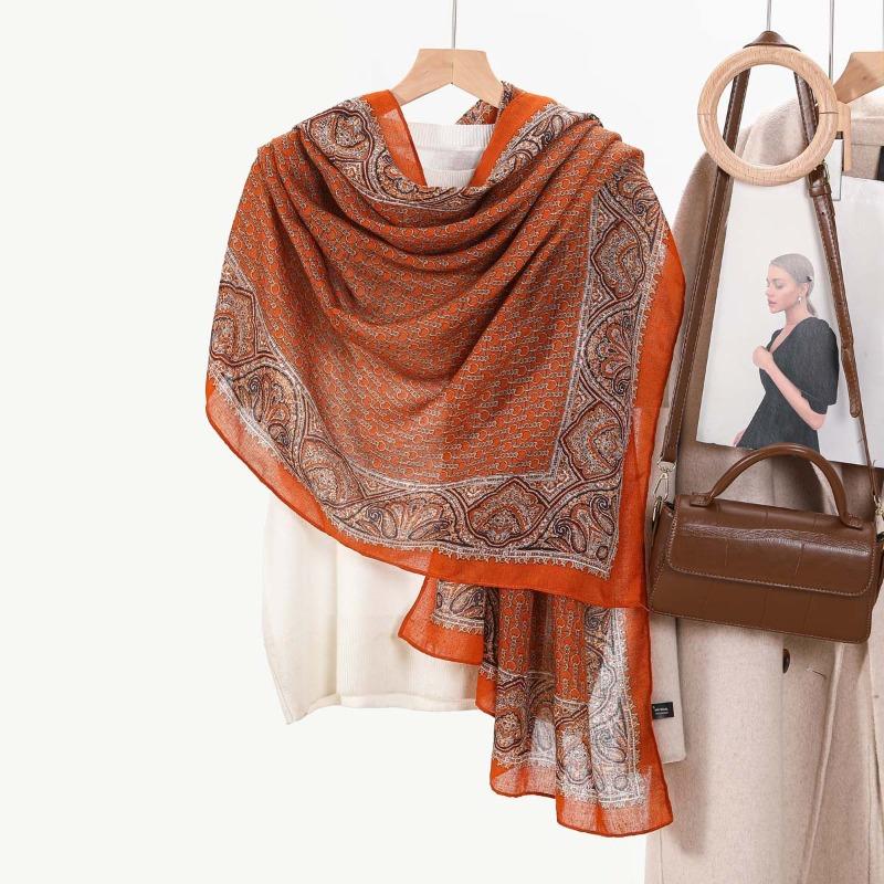 Retro chain women's printed scarf fashionable versatile cotton and linen feel long yarn summer sunscreen