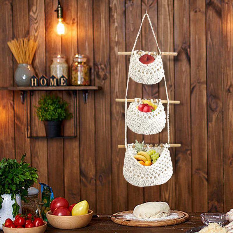 3 Tier Fruit Hanging Basket Bohemian Decor For Home Kitchen Woven Vegetable and Fruit Net Bag Multi-functional Storage Net Bag