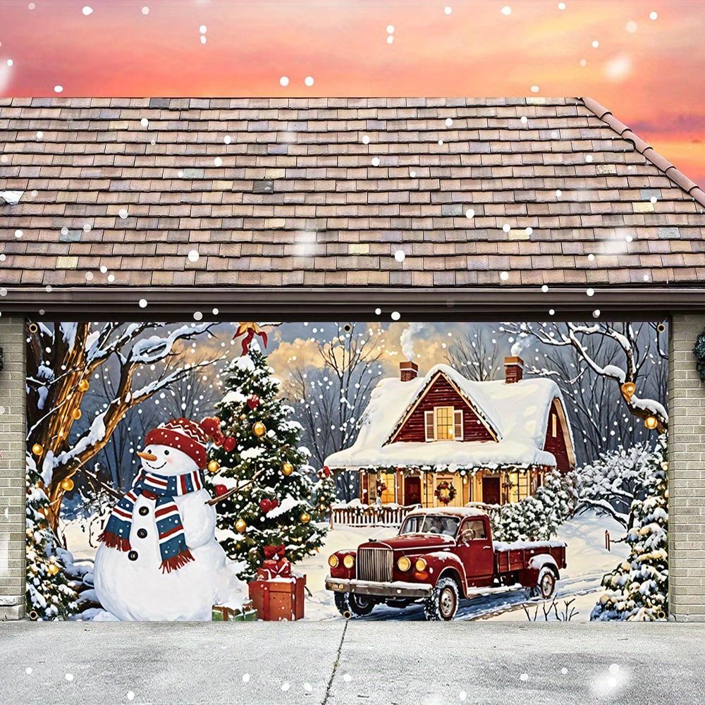 Large Christmas Garage Door Banner - Retro Snowman and Red Pickup Truck Design Suitable for Winter Holiday Decoration