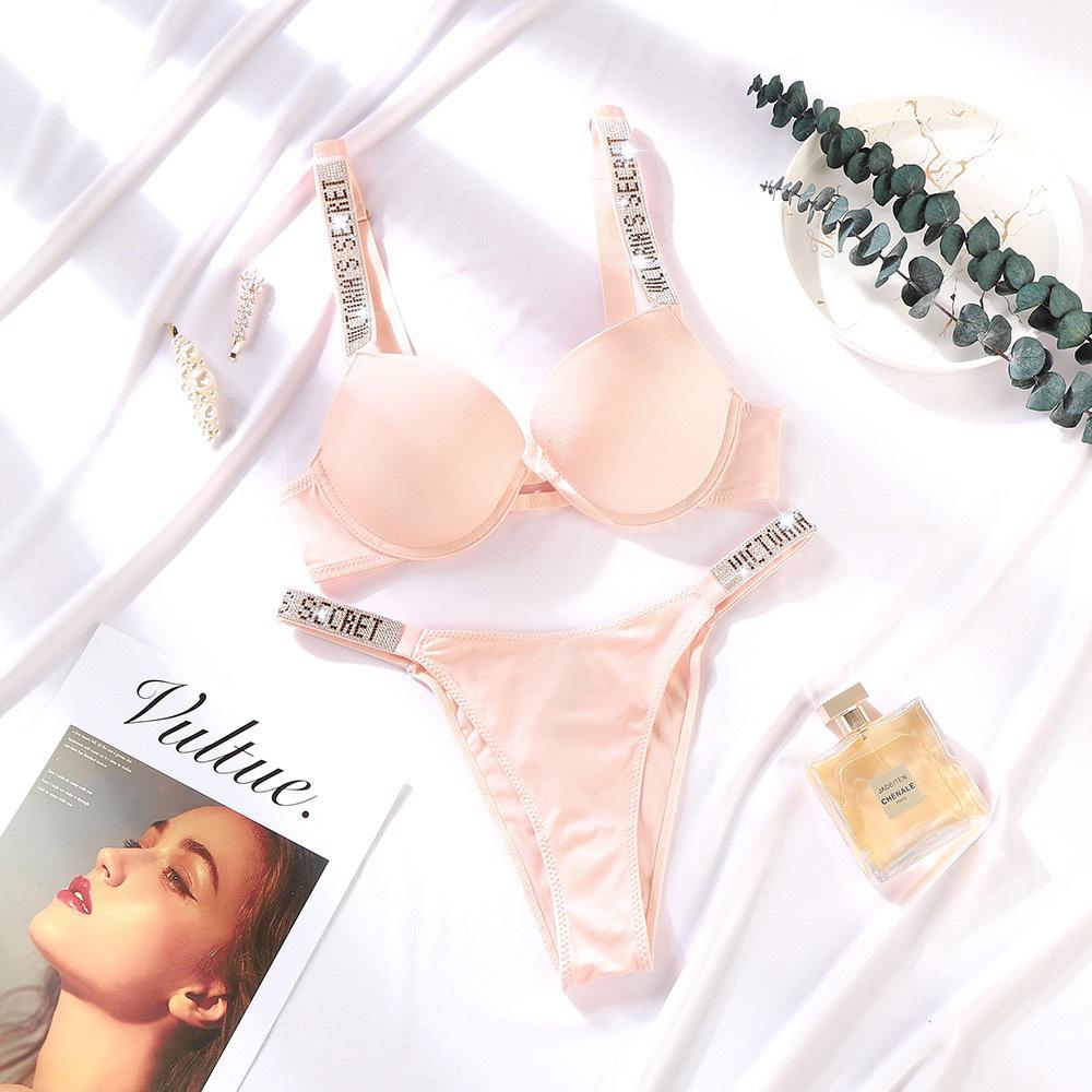 Plus Size European & American Light Luxury Diamond Strap Push-Up Bra & High Cut Panty Set