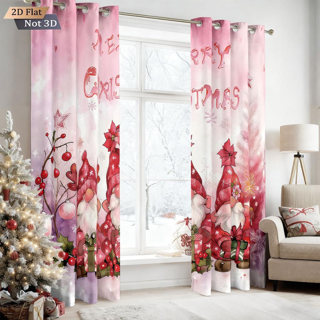 2Pcs Pink Romantic Christmas Merry Christmas Goblin Print Blackout Curtains Multi Size Living Room Insulation Holiday Decoration