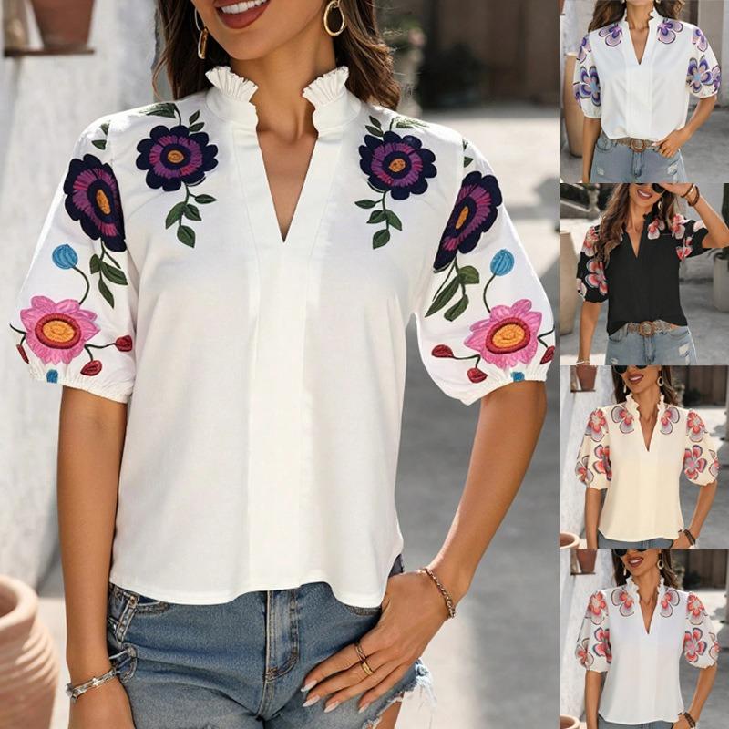 Spring and Summer New Fashionable V-neck Long-sleeved High-neck Embroidered T-shirt Top