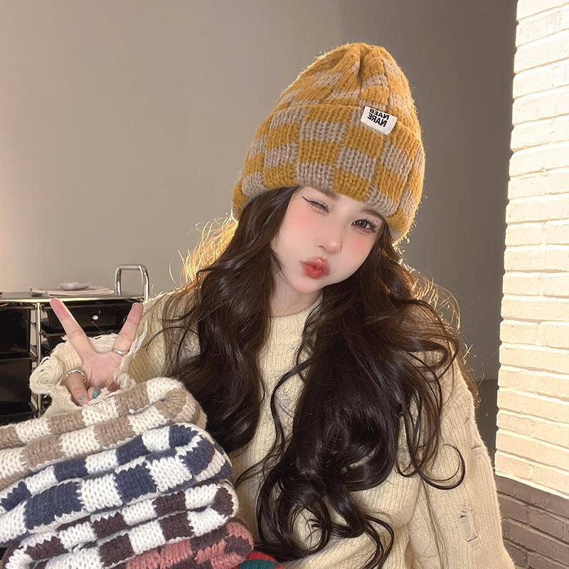 Checkerboard Plaid Knitted Hat for Women In Autumn and Winter Korean Style Niche Big Head Wool Hat Japanese Face Showing Small Christmas Hat