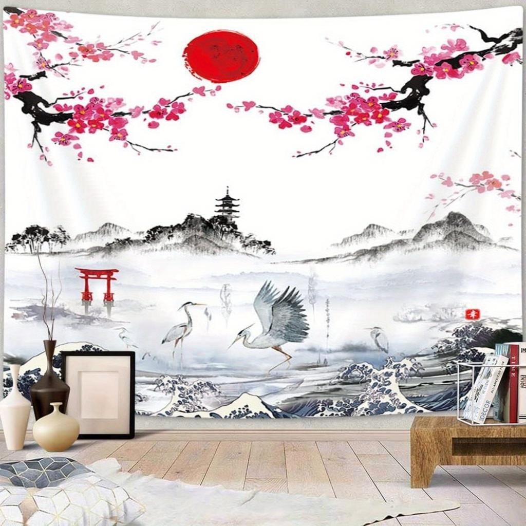 1 Stück japanische Kirschblüten- und Kranich-Wandteppich, aus Polyester, maschinenwaschbar, geeignet für Schlafzimmer und Wohnzimmer.