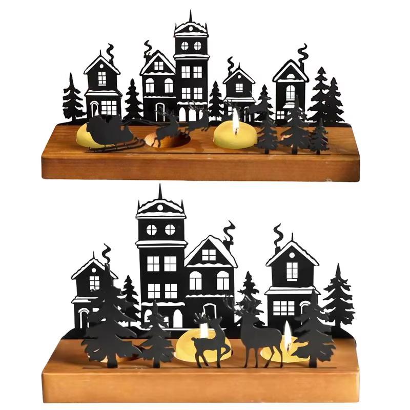 1PC Metal Rustic Wooden Holiday With Reindeer Design Festive Black Silhouette Candlesticks Desk Top Decor 2 Sizes