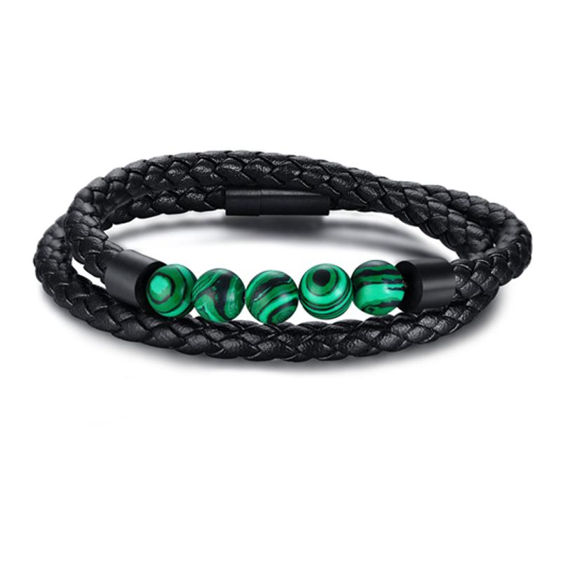 Titanium Steel Man Chakra Jewelry Wholesale Stainless Steel Men's Black Leather Volcanic Beaded Braclets Stone Leather Bracelets