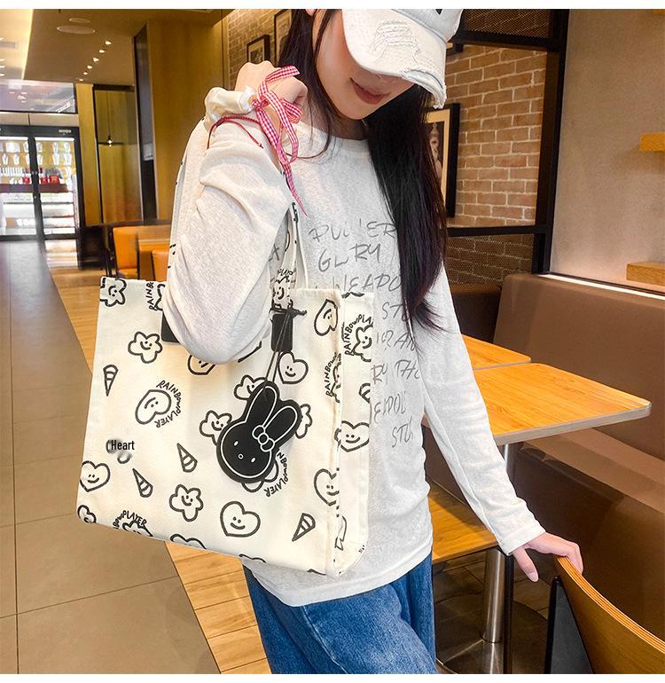 Cute Cartoon Canvas Shoulder Bag - Large Capacity, Fashionable & Versatile Heart Tote for Women