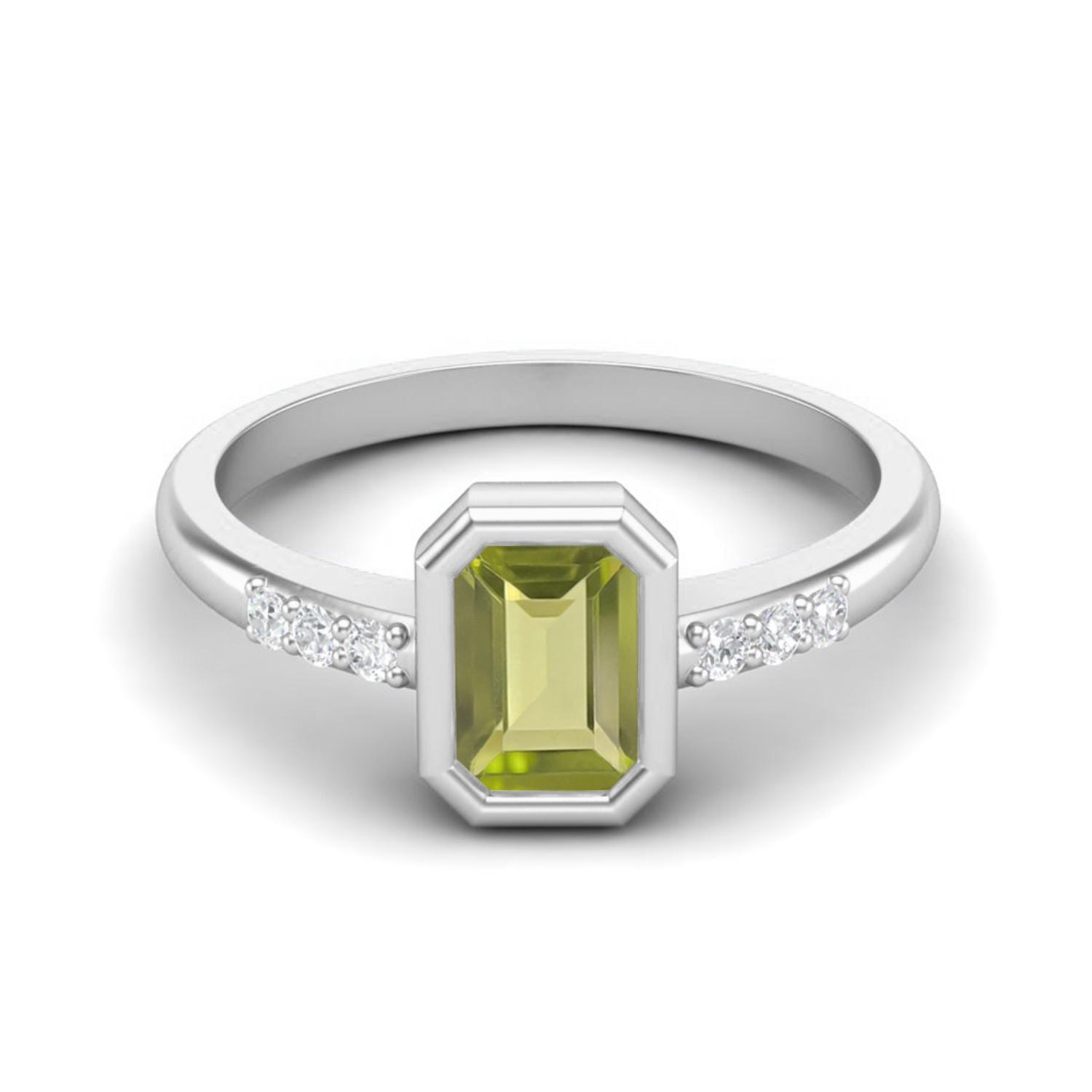 Bezel Set 0.77 Ctw Emerald Cut Peridot 925 Sterling Silver Solitaire Women Engagement Ring 5 белый
