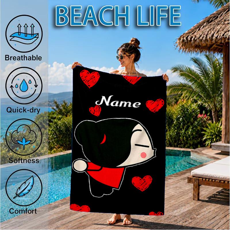 Custom Name Heartfelt Pucca Love Beach Towel Microfiber Beach Towel, Lightweight and Quick-Dry, for Summer Travel, Swimming Pool Gift