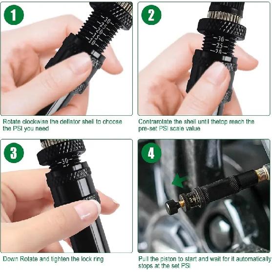 4 Pcs Automatic Tire Deflator Kit 10-30 PSI / 0.7BAR-2.1BAR Adjustable With Valve Cap Auto-Stop Air Valve for Cars Trucks Motor