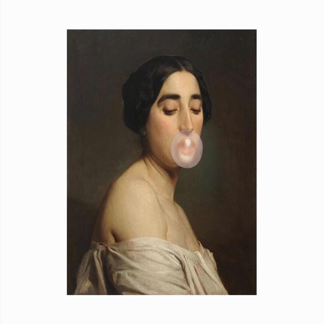 Vintage Picture Painting Elegant Women Print Bubble Gum Posters and Prints Retro Decorative Wall Pictures for Living Room