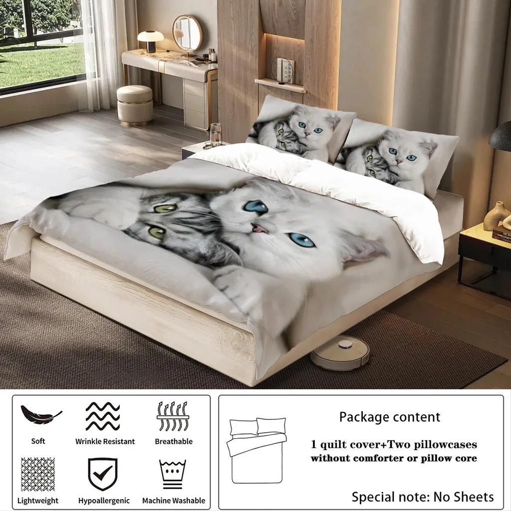 3-teiliges Set niedlicher Bettwäsche mit Katzenprint, geeignet für Schlafzimmer und Gästezimmer (1* Bettbezug + 2* Kissenbezug, ohne Füllung)
