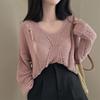 Fashion Thin Long Sleeved Knitted V-neck Women Shirt Loose Solid Color Hollow Out Blouse Casual Simple Covers Up Office Top Women Clothing