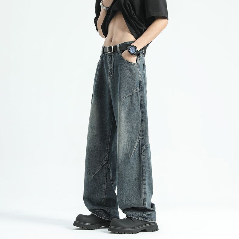 Men's K Gray Distressed Wide Leg Jeans Loose Fit High Waist Casual Denim Trousers Streetwear Bot