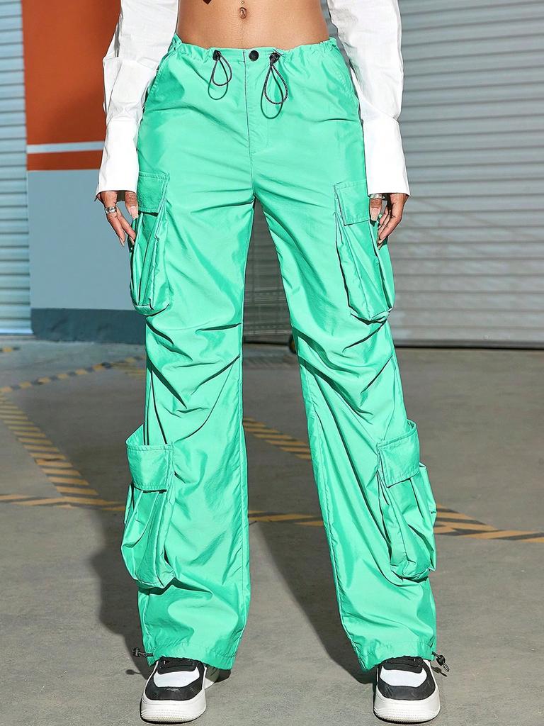 Rose Beauty A Flap Pockets Drawstring Ruched Cargo Parachute Pants