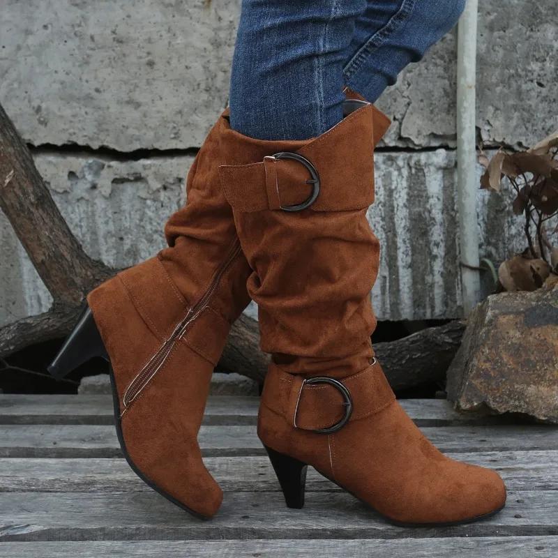Thin Heels Mid-calf Modern Boots Pointed Toe Spring/autumn 2025 Hot Sale Shoes Female Solid Buckle Punk Zip Women's Boots
