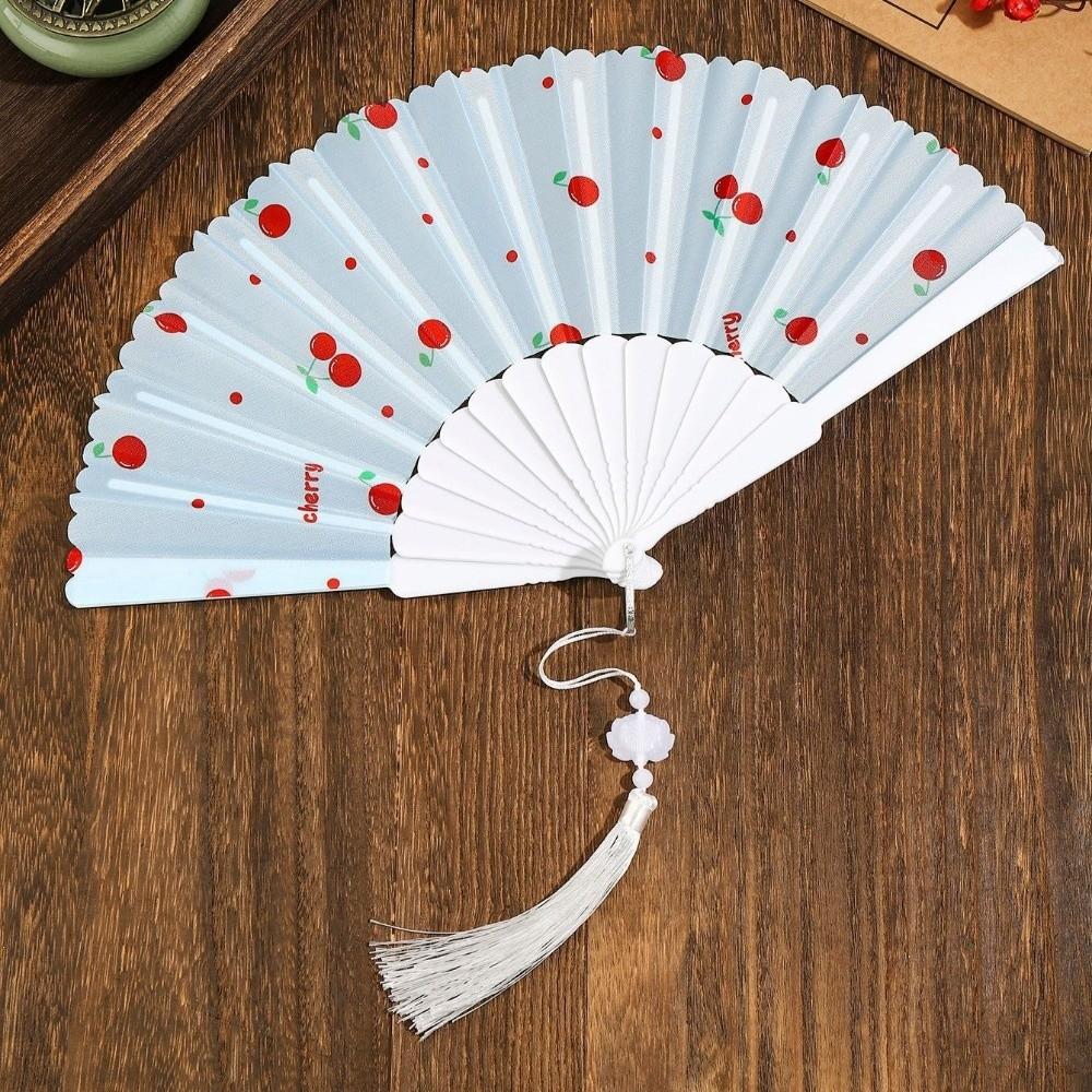 Ventilateur à main pliant design cerise motif fruité Ventilateur rafraîchissant Cadeau Ventilateur à pompon en tissu Femmes