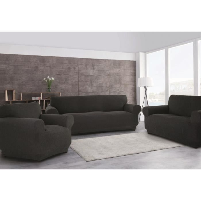 Housse de canapé - Ensemble 3 places + 2 places + 1 place - Gris - Extensible - Lavable