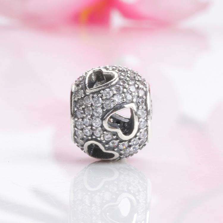 Pan Jia S925 Sterling Silver Rhinestone Heart Beads – European & American Style