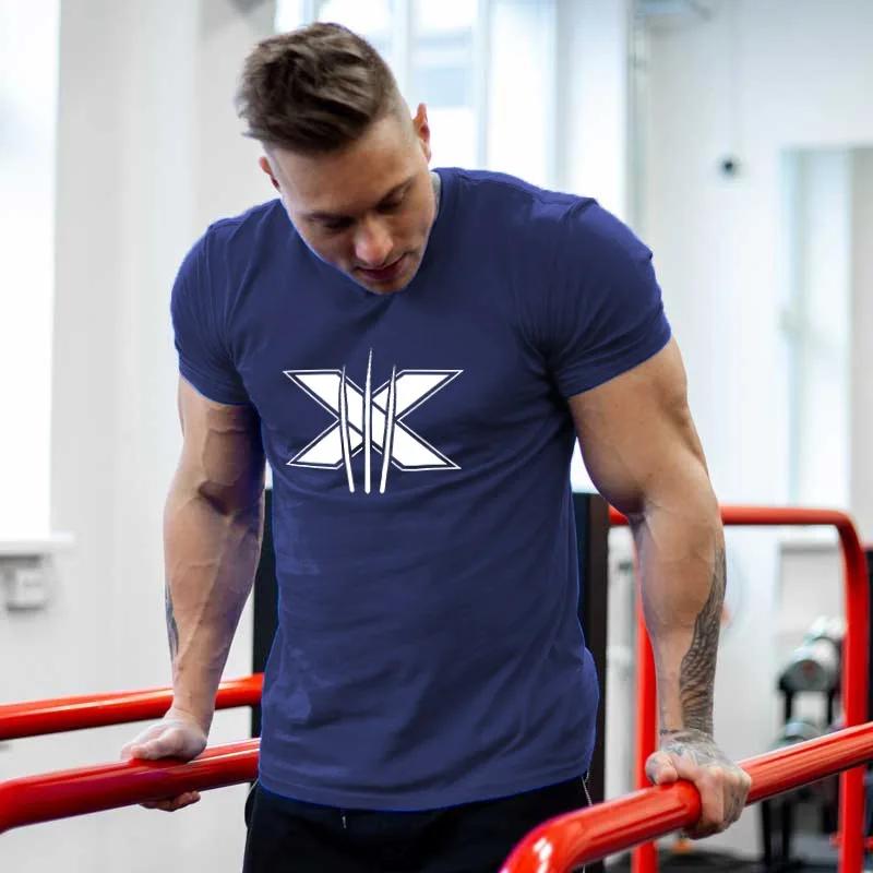Mens Gym Fitness Clothing Man Cotton Sports Short Sleeve Tshirt Running Training Slim Printed Shirt Sweatshirt Casual Tops
