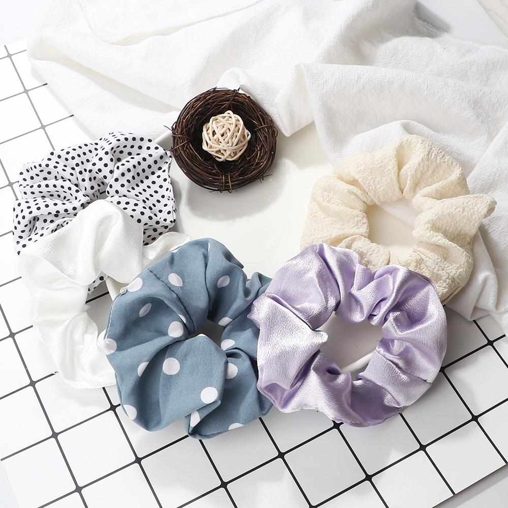 5PCS Mixed Colors Fashion Hair Bands Korean Elastic Satin Silk Dots Hair Tie for Women Girls Ponytail Holder Scrunchie