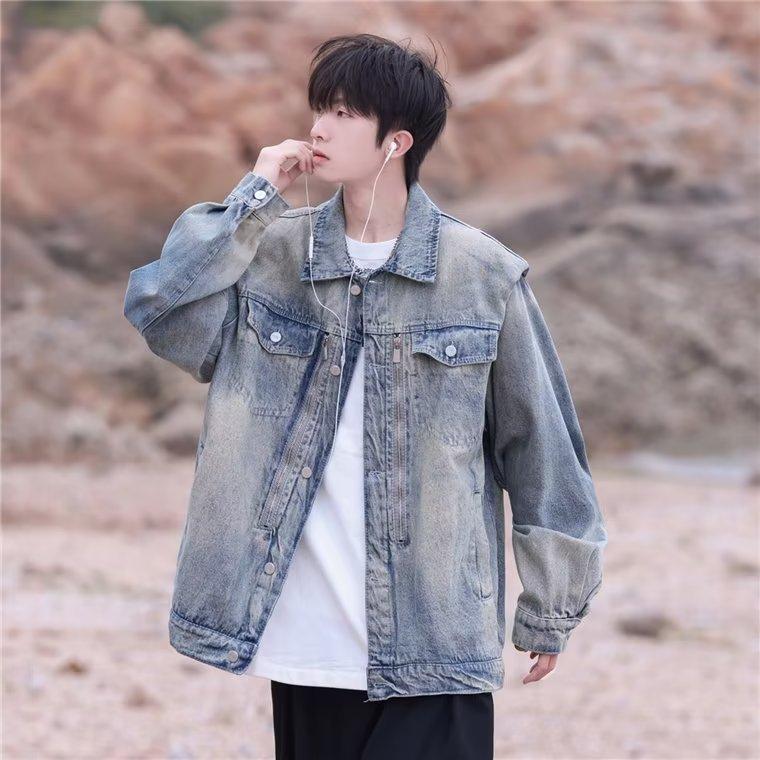 American Washed Shoulder Padded Denim Jacket Men'S Season High Street Trendy Brand Multi-Zipper Couple Tooling Jacket