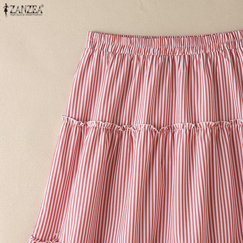ZANZEA Women Casual Elastic Waist Loose Stripe Long Skirts