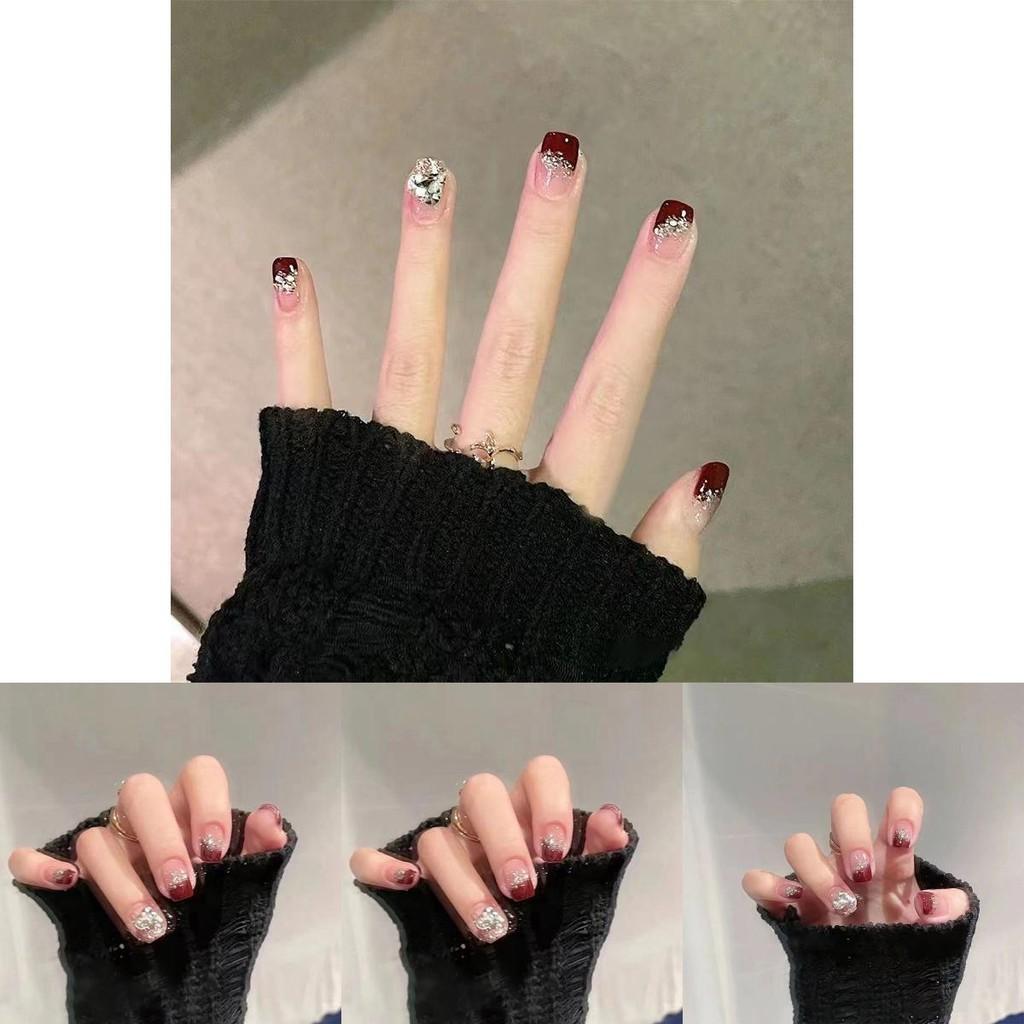 Chestnut Red Handmade Gel Nail Stickers Cherry Color Nail Patch Short French Heart Nail Art