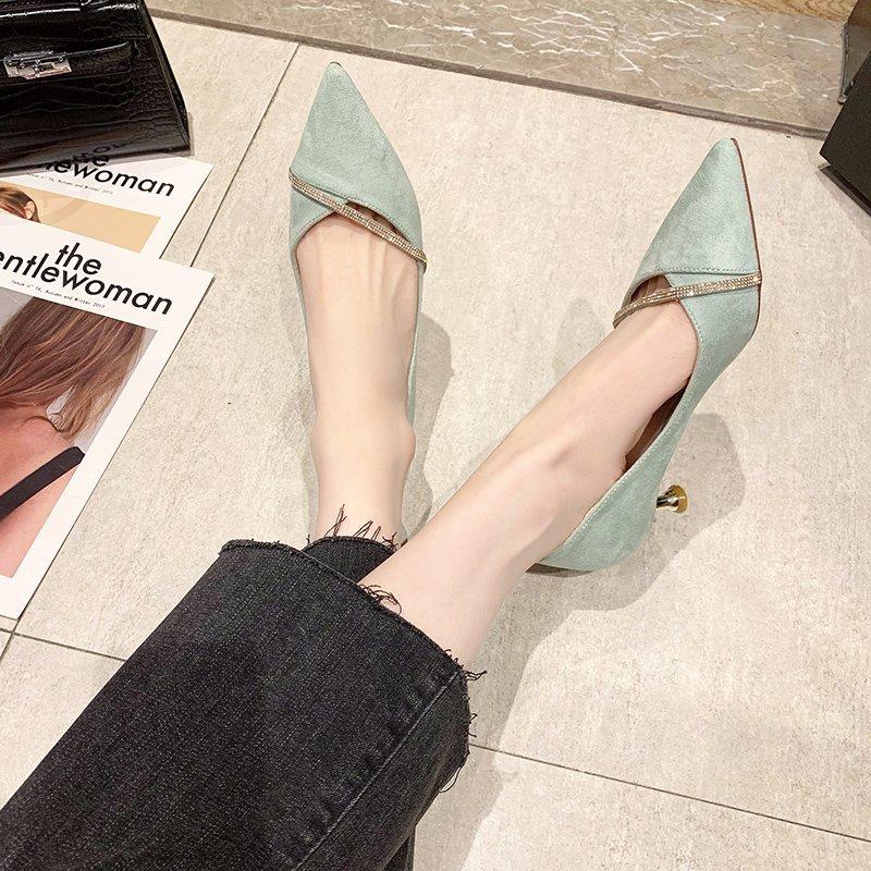 

Fashion High Heels Autumn New Korean Version of Fashion Temperament Hollow French Female Pointed Thin Heel Heel Single Shoes 35 зелёный