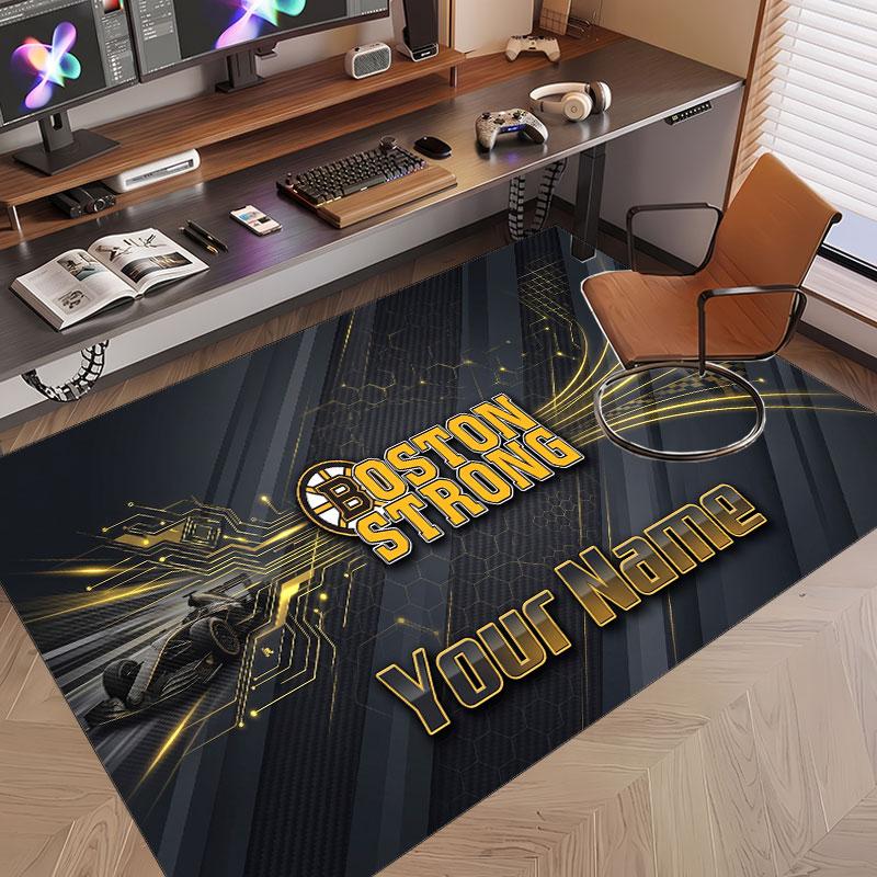 Custom Rug Boston Bruins Pattern Print Name Text Soft Non‑Slip Floor Carpet for Home Indoor Decoration