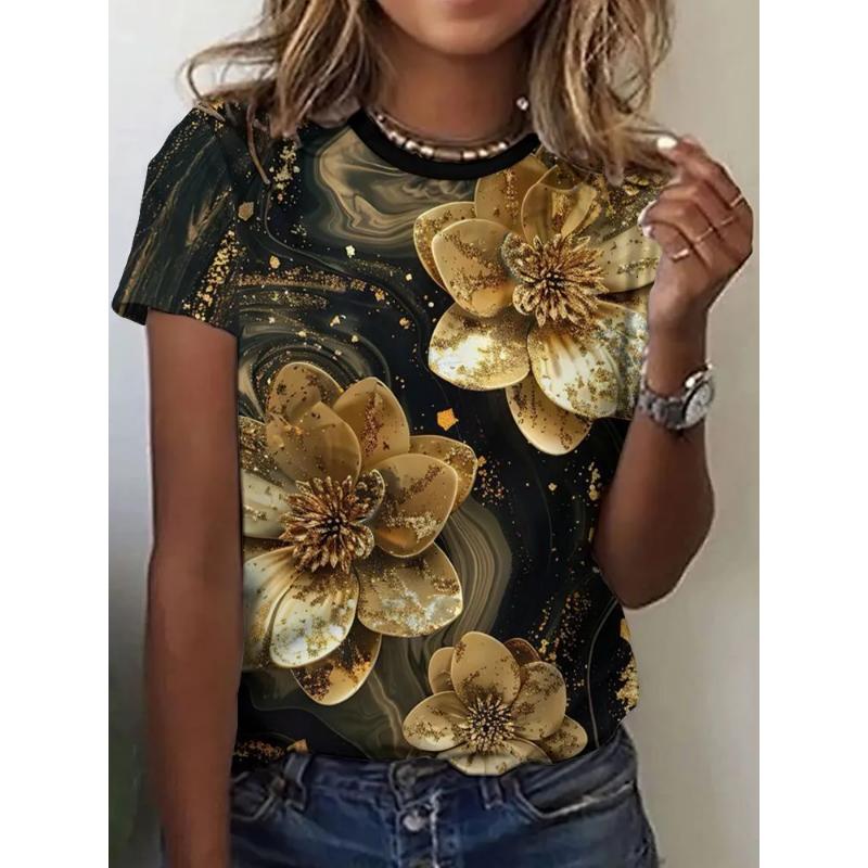 Fashion Women's Crew Neck T-Shirt 3D Flower Color Printing Flower Short Sleeve Crew Neck Short Sleeve