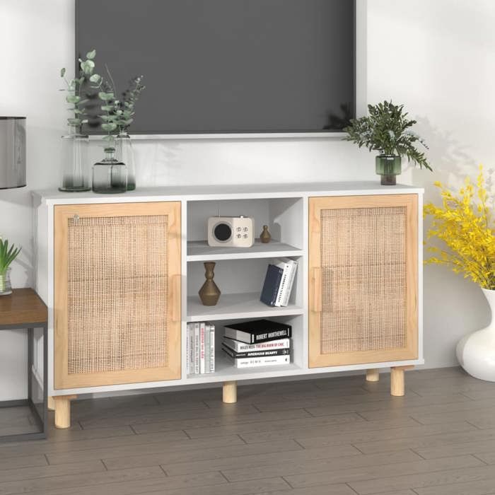VidaXL Buffet Blanc 105x30x60 cm Bois de pin massif et rotin naturel 345639