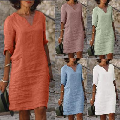 Vestido de Verano para Mujer Moda Retro Cuello en V Bolsillo Lateral Color Manga Corta