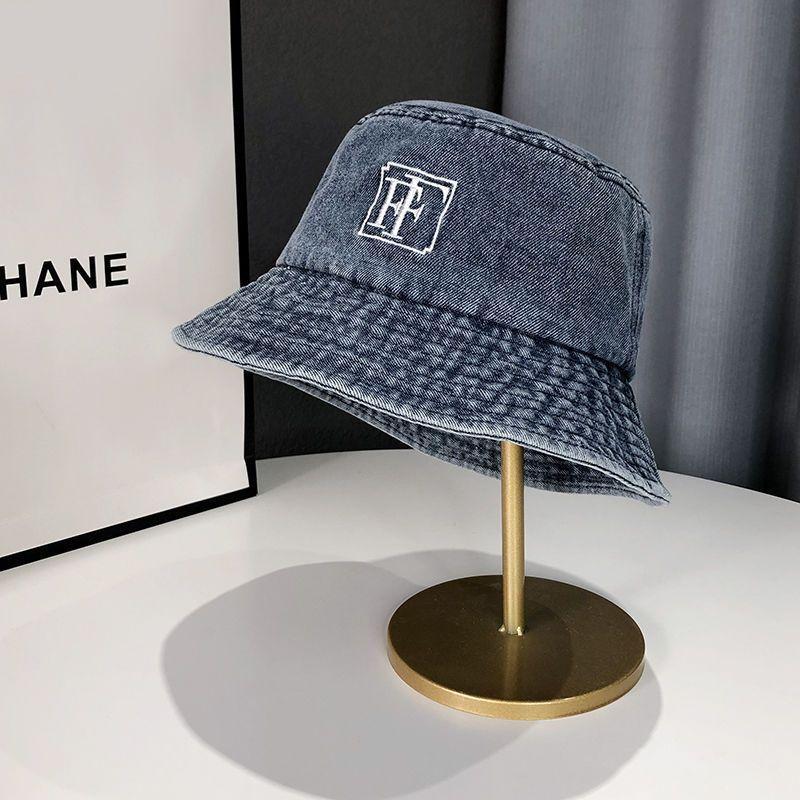 Hat women's retro washed denim bucket hat big head circumference washbasin hat embroidery versatile bucket hat