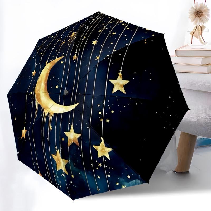 1 Stück Mond Sterne Automatischer Öffnungs-/Schließschirm, Winddicht, Kompakter Faltregenschirm mit Leichtgewicht-Design für Damen/Herren190