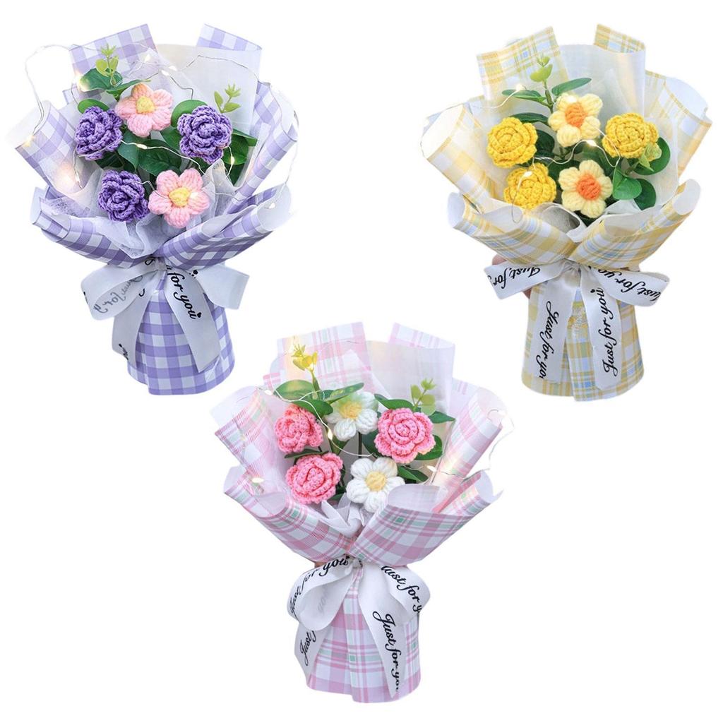 Crochet Flowers Bouquet Decorative with Light Delicate Knitted Bouquet for Anniversary Festival Women Friends Mom