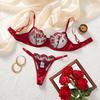 European-American Sexy Lingerie: Red Velvet Rose Embroidered Push-Up Bra & Panty Set