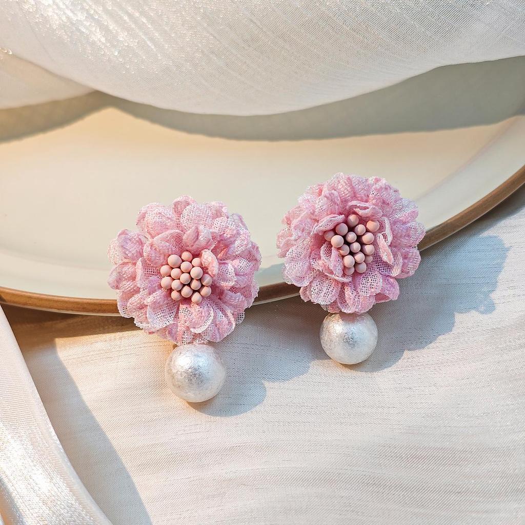 Pink Lace Floral Tassel Pearl Earrings - Elegant Summer Mesh Design