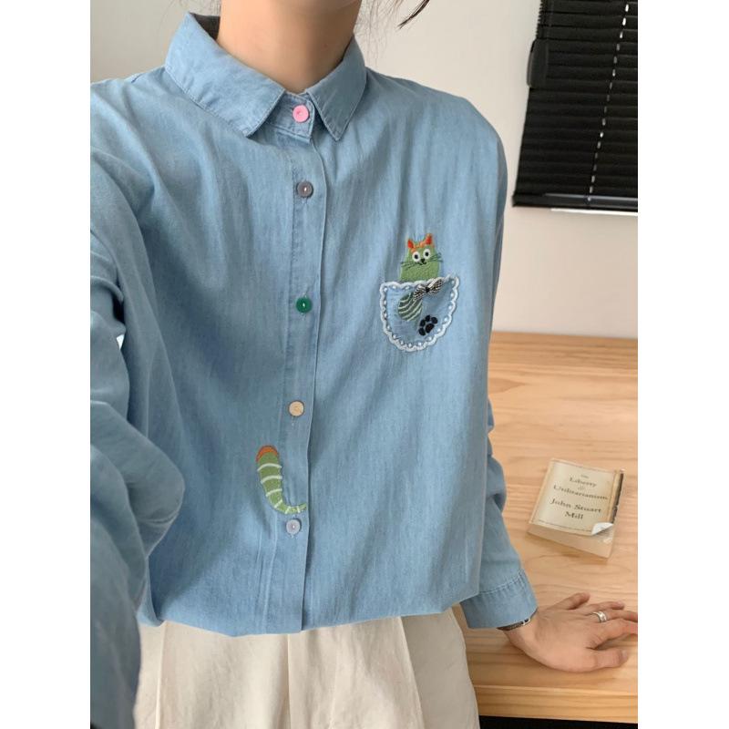 Women's Retro Cartoon Embroidered Cotton Denim Shirt - Long Sleeve, Casual Top for Spring/Autumn 2025