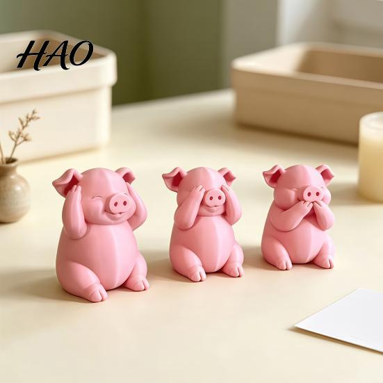 Adorable Animal Figurine for Home Decor 3 Pcs Cute Mini Pig Figurines, 3D Printed See Hear Speak No Evil Kawaii Bedroom Pink Statue, Novelty