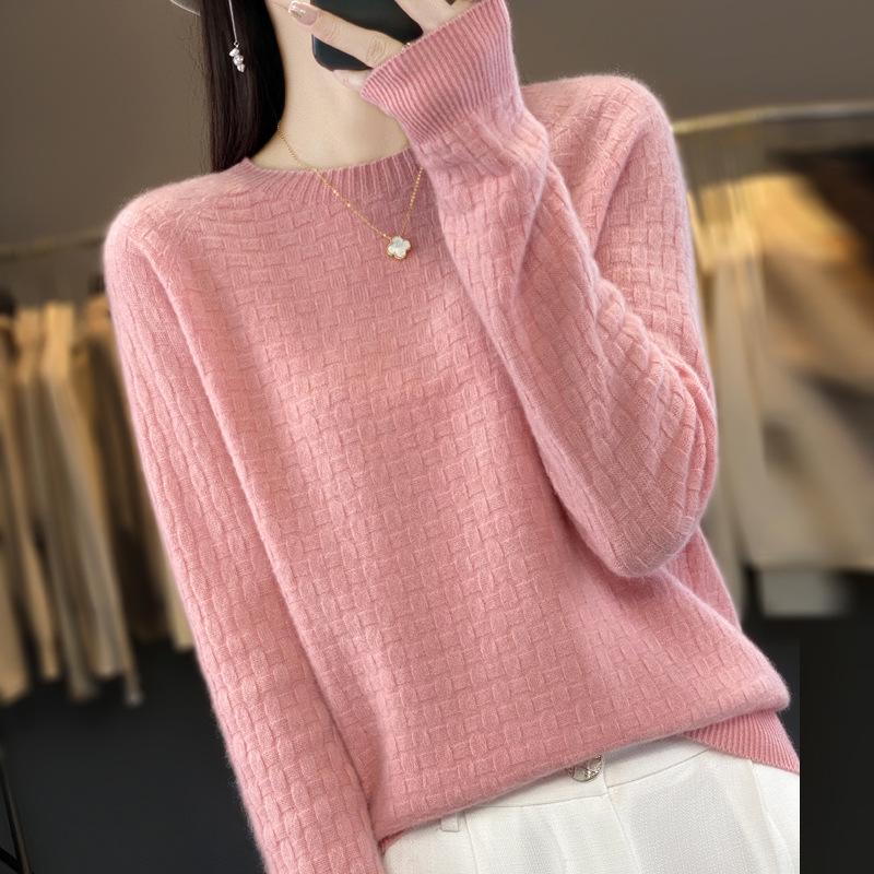 Women's Cashmere Waffle Knit Cardigan - Versatile Round Neck Sweater for Autumn/Winter