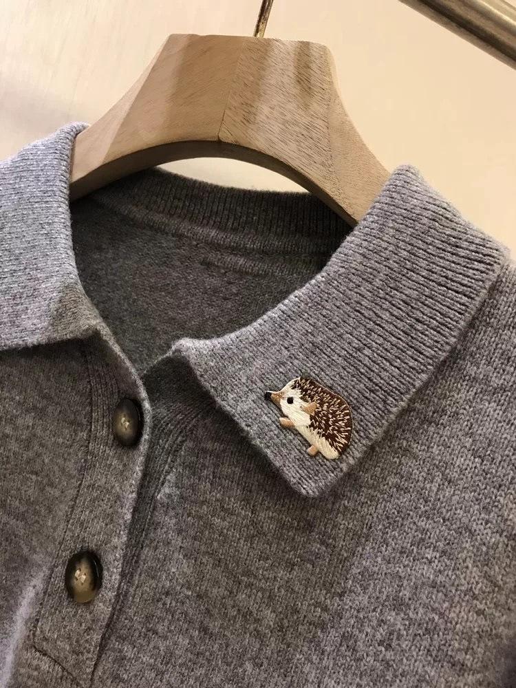 Celebrity Style Hedgehog Embroidery Cashmere Polo Collar Knitwear Women's Spring Autumn Loose Sweater Base Layer Wool Sweater