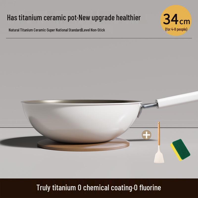 Titanium Ceramic Flat-Bottomed Non-Stick Stir-Fry Pan, Milk White, Wear-Resistant and Scratch-Resistant for Kitchen Use