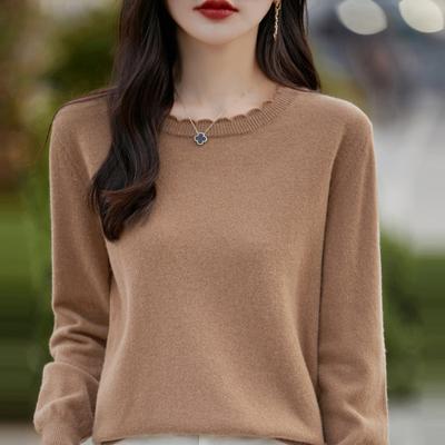 Casual Lace Trim Round Neck Base Layer Women Autumn Winter Long Sleeve Knit Sweater Loose Fit