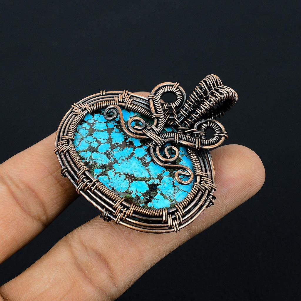 Tibetan Turquoise Pendant, 999 Copper Wire Wrapped Gemstone Jewelry, Handmade Pendant, For Thanksgiving