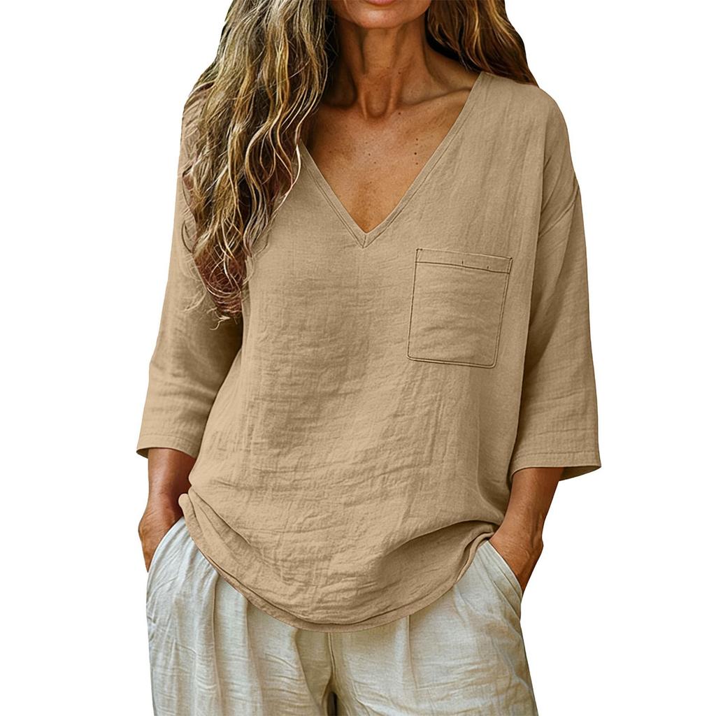 Women's Fashionable Loose-Fit Cotton-Linen V-Neck Casual Pullover With 3/4 Sleeves