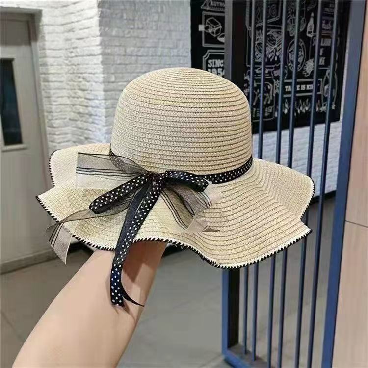 New bow lace straw hat women's summer seaside beach vacation sun hat large brim sun protection hat