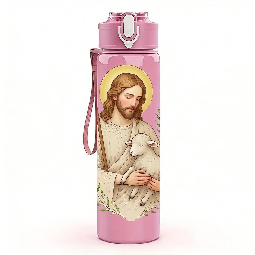 1PC Saint Man Holding Lamb Print 750ml Color Plastic Sports Water Bottle Leakproof Flip Straw Lid Suitable for Sports Office Home Use